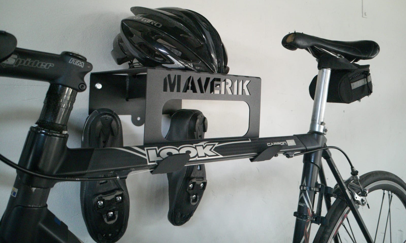 Wall mounted bicycle storage for helmet shoes and bike